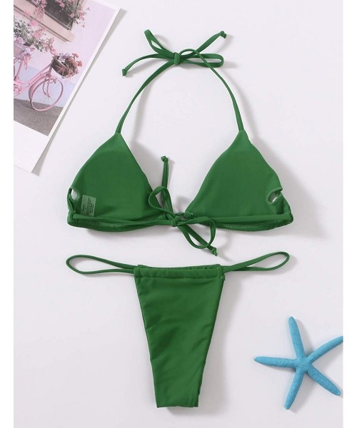 Sets Bikini Set Bandage Solid Brazilian Swimwear Two Pieces Swimsuit Padded Thong Bathing Suits Bikini Set Grass Green - CX18...