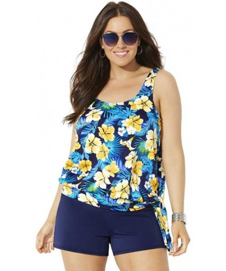 Tankinis Women's Plus Size Side Tie Blouson Tankini Set with Banded Short - Yellow Flower - CE18Y695Q6C