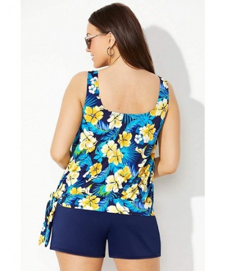 Tankinis Women's Plus Size Side Tie Blouson Tankini Set with Banded Short - Yellow Flower - CE18Y695Q6C