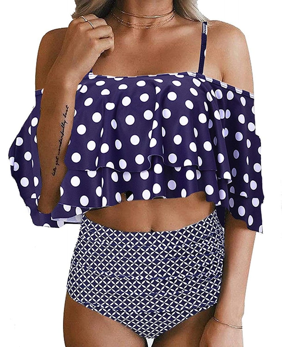 Sets Women Two Piece Off Shoulder Ruched Double Ruffled Flounce Crop Top andPrint Cut Out Bottoms Bikini Set - R-blue Polka D...