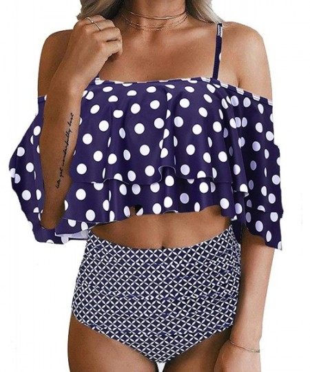 Sets Women Two Piece Off Shoulder Ruched Double Ruffled Flounce Crop Top andPrint Cut Out Bottoms Bikini Set - R-blue Polka D...