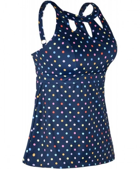 Tankinis Women's Halter High Neck Tankini Top Key Hole Bathing Suit - Blue & Color Polka Dot - C718XKTLA80