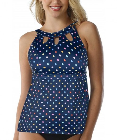 Tankinis Women's Halter High Neck Tankini Top Key Hole Bathing Suit - Blue & Color Polka Dot - C718XKTLA80