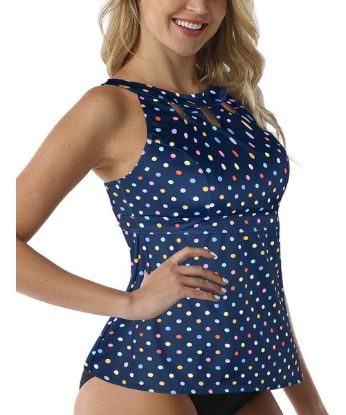 Tankinis Women's Halter High Neck Tankini Top Key Hole Bathing Suit - Blue & Color Polka Dot - C718XKTLA80