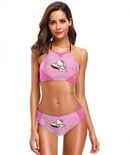 Sets Womens Halter Bikini Set Flying Hello Kitty Printing High Neck 2 Piece Swimsuits Padded Swimwear Bathing Suit - CE18U4KXZLY