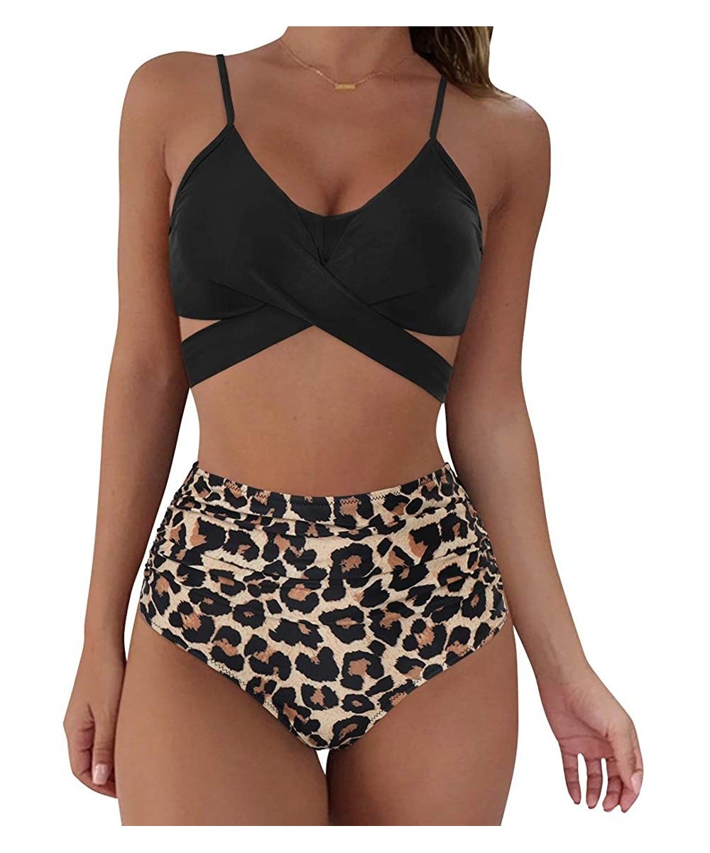 Sets Women Wrap Bikini Set Push Up High Waisted 2 Piece Swimsuits - 1-87 Black Leopard - CY193QOKORY