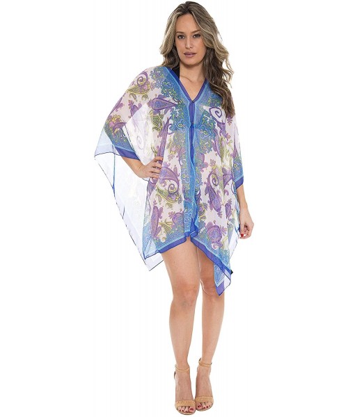 Cover-Ups Womens Summer Sheer Paisley Open-Front Button Kimono Beach Cover-up Scarf - Paisley Open Front Button-blue Purple -...