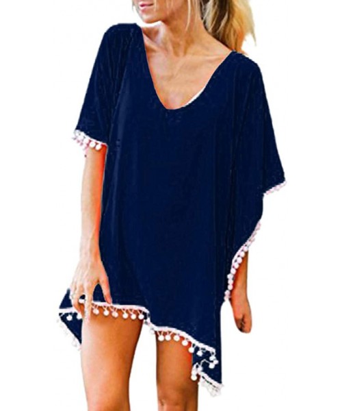 Cover-Ups Women Pom Pom Trim Kaftan Chiffon Tassels Swimwear Beach Loose Bikini Cover Up - Navy - CR196EA67LM