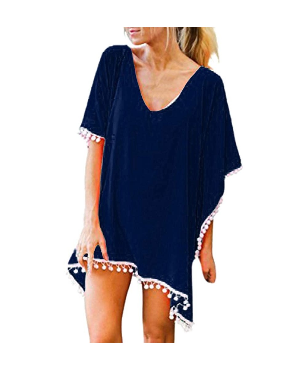 Cover-Ups Women Pom Pom Trim Kaftan Chiffon Tassels Swimwear Beach Loose Bikini Cover Up - Navy - CR196EA67LM