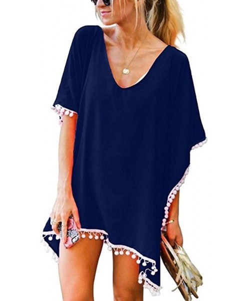 Cover-Ups Women Pom Pom Trim Kaftan Chiffon Tassels Swimwear Beach Loose Bikini Cover Up - Navy - CR196EA67LM