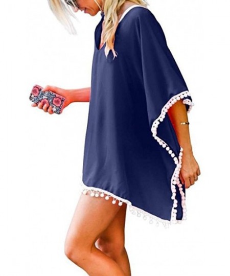 Cover-Ups Women Pom Pom Trim Kaftan Chiffon Tassels Swimwear Beach Loose Bikini Cover Up - Navy - CR196EA67LM