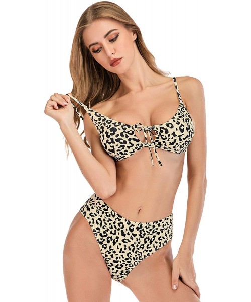 Sets Women's Self Tie Cross Front High Cut Thong Bikini High Waisted Swimsuit - Leopard-955 - CI197HGOHD6