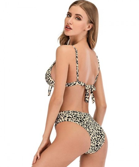 Sets Women's Self Tie Cross Front High Cut Thong Bikini High Waisted Swimsuit - Leopard-955 - CI197HGOHD6