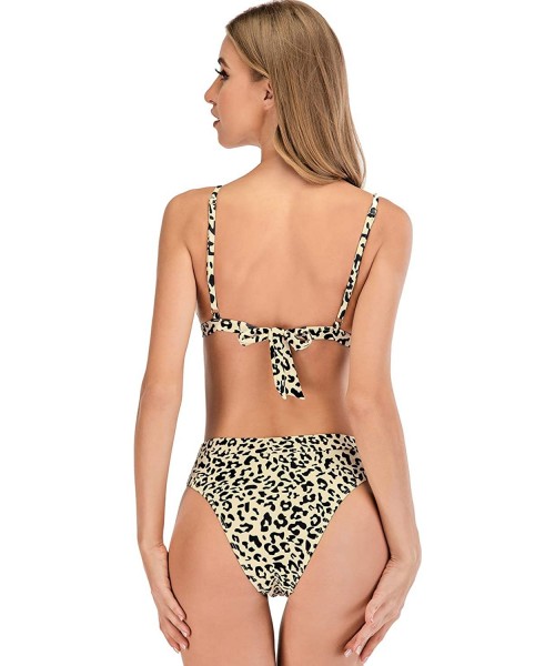 Sets Women's Self Tie Cross Front High Cut Thong Bikini High Waisted Swimsuit - Leopard-955 - CI197HGOHD6