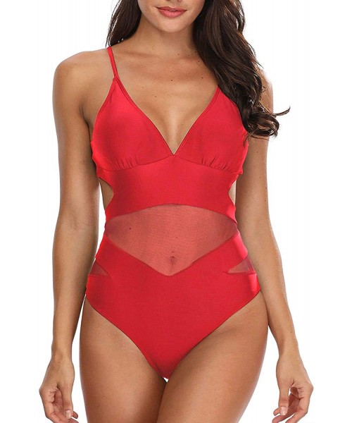 One-Pieces Women Mesh One Piece Monokini Swimsuits V Neck Sexy Cutout Open Back Bathing Suit - Red - CD18TM9UN6Q