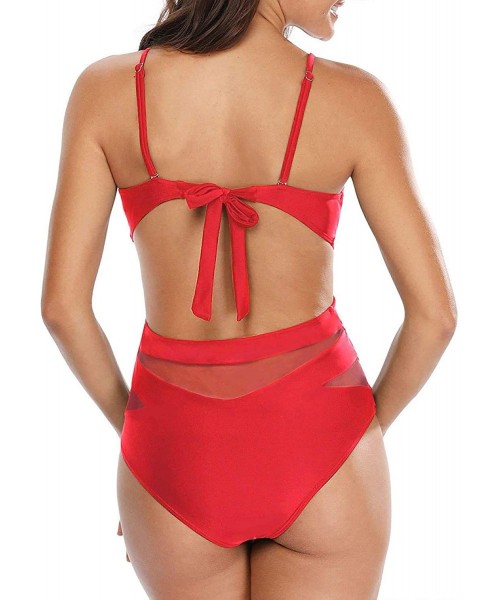 One-Pieces Women Mesh One Piece Monokini Swimsuits V Neck Sexy Cutout Open Back Bathing Suit - Red - CD18TM9UN6Q