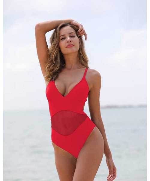 One-Pieces Women Mesh One Piece Monokini Swimsuits V Neck Sexy Cutout Open Back Bathing Suit - Red - CD18TM9UN6Q