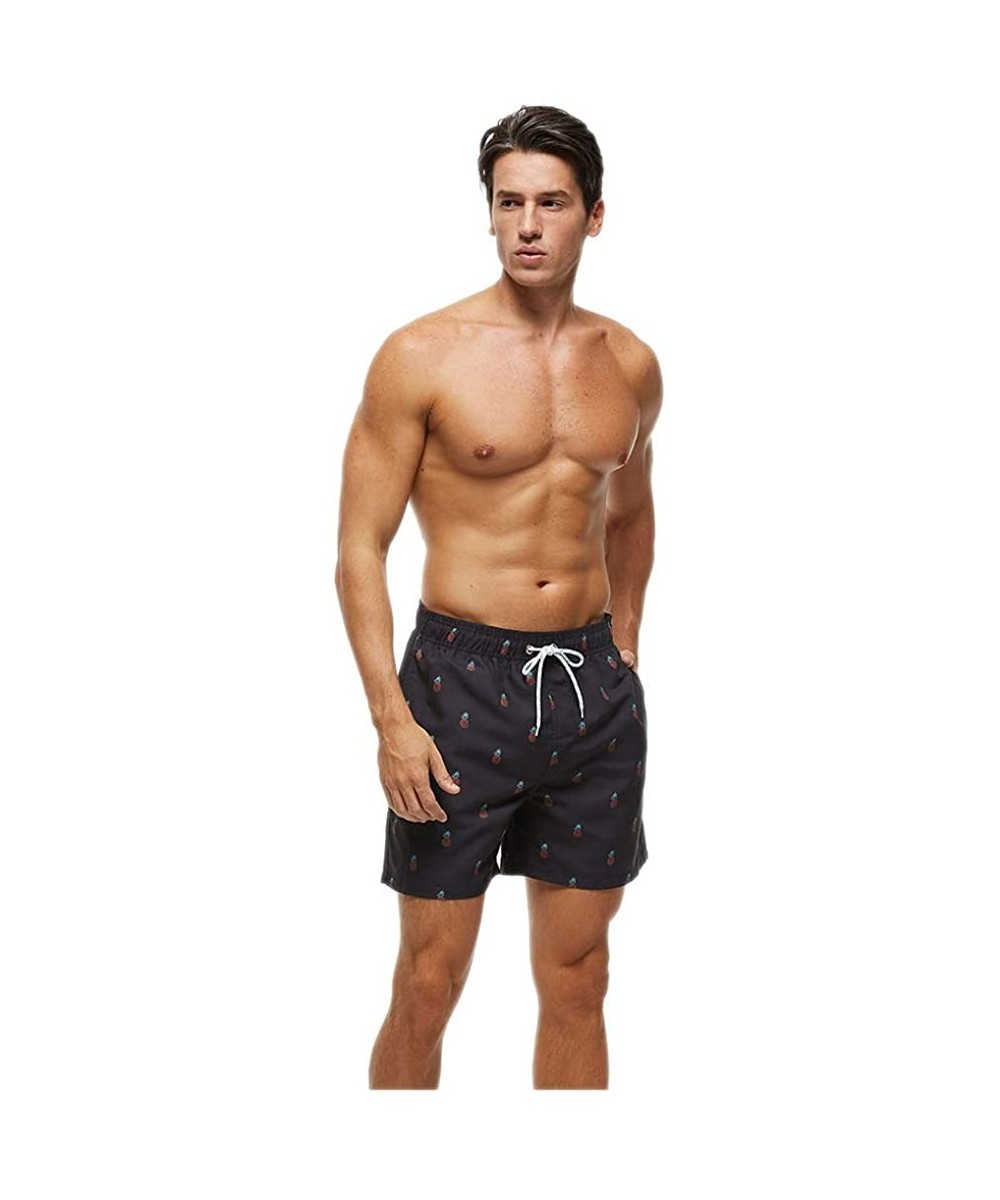 Trunks Men's Swim Trunks Beachwear Summer- Quick Dry Shorts Striped with Mesh Lining - Black Pineapple - CU197HTCE48