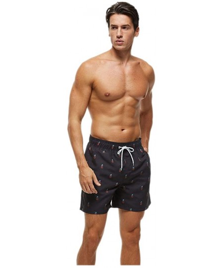 Trunks Men's Swim Trunks Beachwear Summer- Quick Dry Shorts Striped with Mesh Lining - Black Pineapple - CU197HTCE48