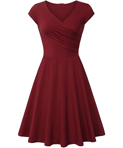 Cover-Ups Women's Wrap V Neck Cap Half Sleeve Vintage Casual Work Party Tea Swing Dress - Burgundy - CV198Q99M6E