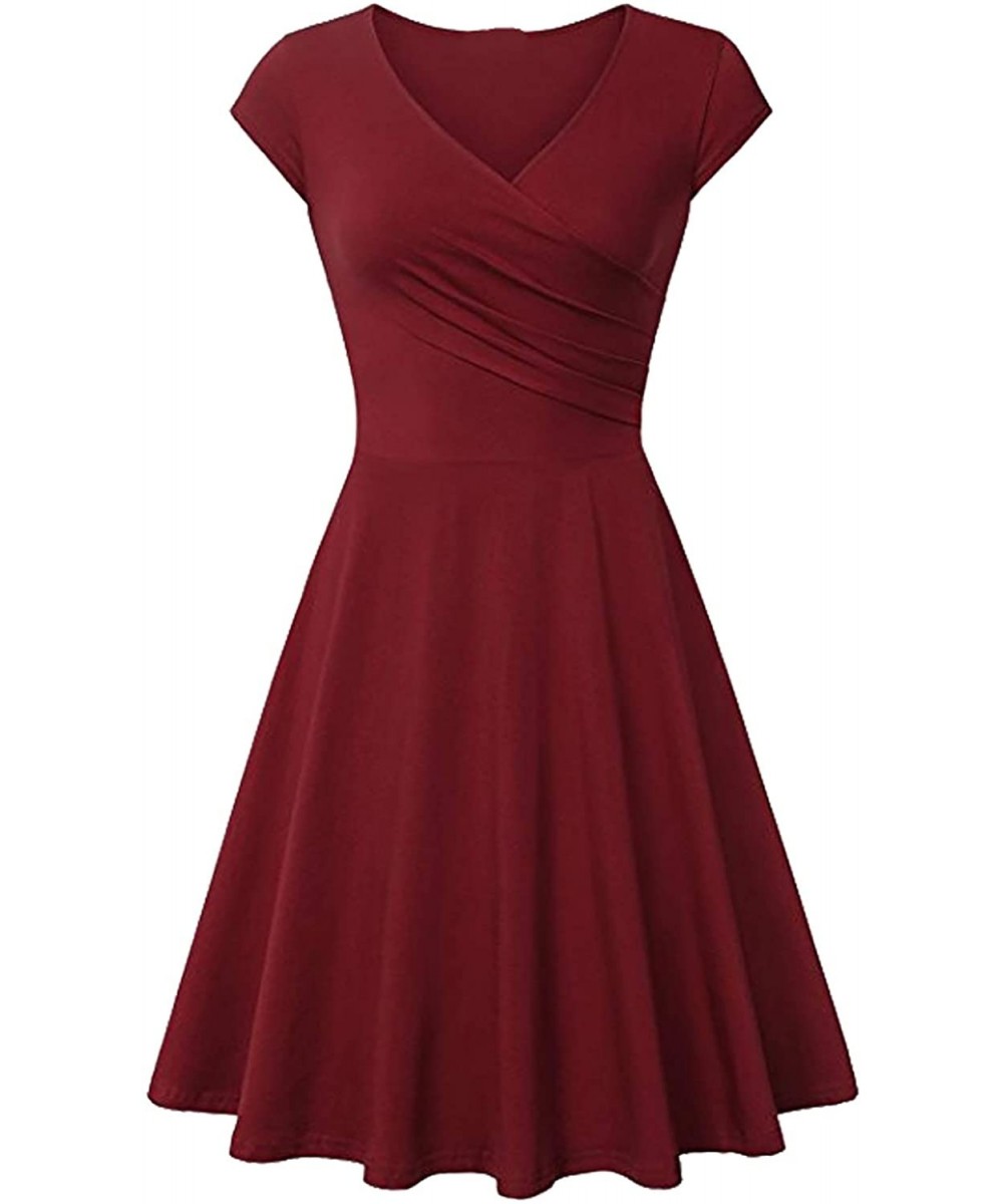 Cover-Ups Women's Wrap V Neck Cap Half Sleeve Vintage Casual Work Party Tea Swing Dress - Burgundy - CV198Q99M6E