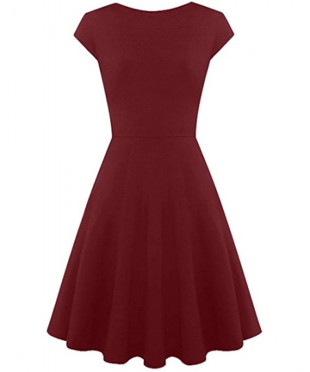 Cover-Ups Women's Wrap V Neck Cap Half Sleeve Vintage Casual Work Party Tea Swing Dress - Burgundy - CV198Q99M6E