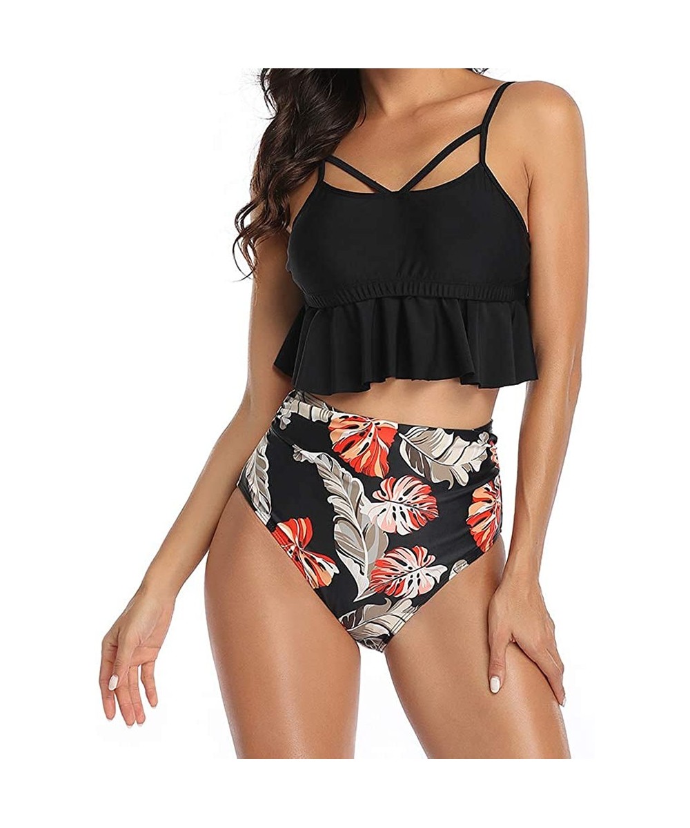 Sets Women's Ruffled High Waisted Swimsuit Vintage Floral Bikini High Cut Bottom Beach Bathing Suit - Black - C119680D4TU