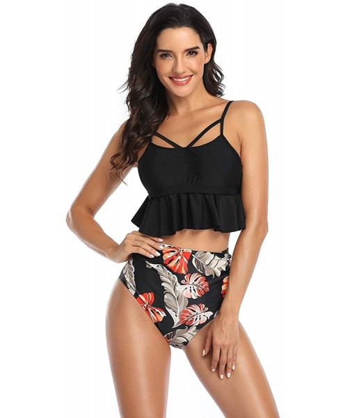 Sets Women's Ruffled High Waisted Swimsuit Vintage Floral Bikini High Cut Bottom Beach Bathing Suit - Black - C119680D4TU