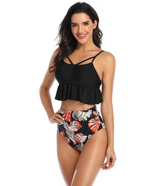 Sets Women's Ruffled High Waisted Swimsuit Vintage Floral Bikini High Cut Bottom Beach Bathing Suit - Black - C119680D4TU