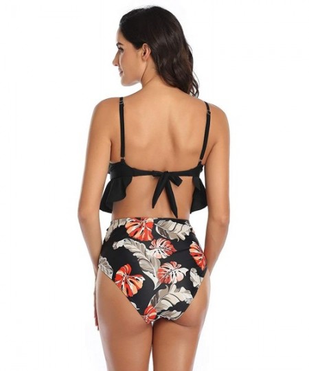 Sets Women's Ruffled High Waisted Swimsuit Vintage Floral Bikini High Cut Bottom Beach Bathing Suit - Black - C119680D4TU