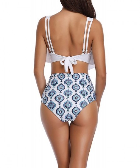 Sets Women Two Piece Swimsuit Ruffle Flounce Swimwear High Waisted Print Bikini Set Bathing Suit - White Whorl - C518Q0OLELY