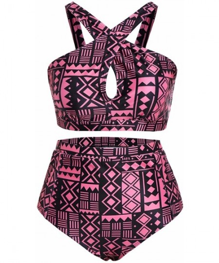 Sets 2 Piece Swimsuit for Women-Criss Cross High Waist Bikini Bathing Suit Push Up Swimwear - Pink + Black-strap Back - CX183...