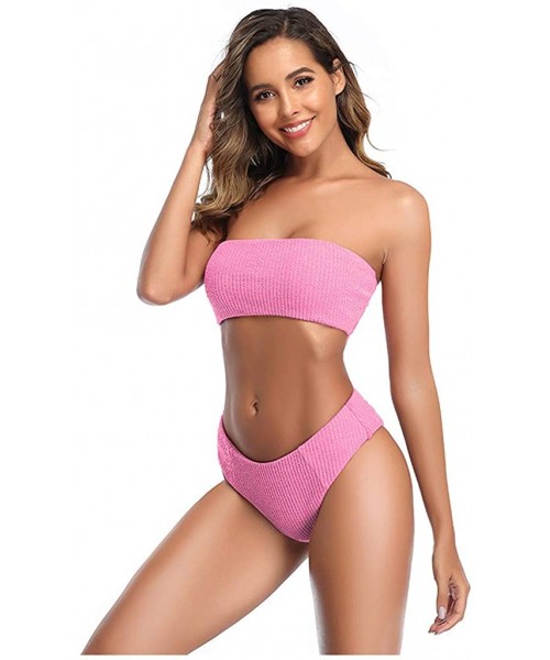 Sets Women Strapless Off Shoulder Tube Top Swimwear Solid Bandeau High Waist Two Piece Swimsuit Beach Bathing Suit Pink - CV1...