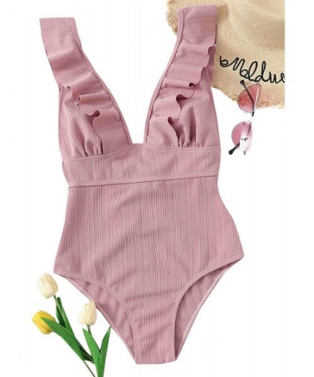 One-Pieces Women's Ruffle One Piece Swimwear V Neck Lace Up Monokini Bathing Suit - 1-pink - CG18AR64QOI