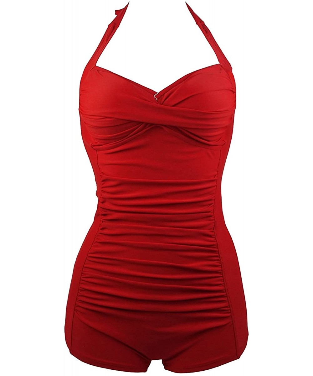 Racing Womens Elegant Retro Plus Size Boy-Leg One Piece Ruched Monokinis Swimsuit - Red - CU1836ECS6R