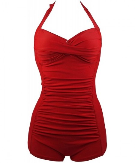 Racing Womens Elegant Retro Plus Size Boy-Leg One Piece Ruched Monokinis Swimsuit - Red - CU1836ECS6R