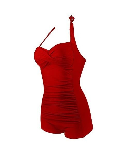 Racing Womens Elegant Retro Plus Size Boy-Leg One Piece Ruched Monokinis Swimsuit - Red - CU1836ECS6R