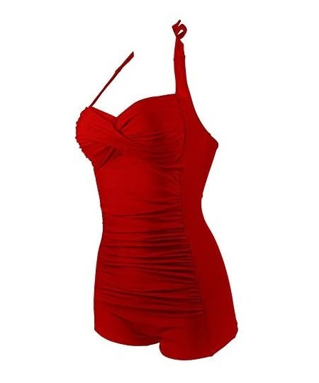 Racing Womens Elegant Retro Plus Size Boy-Leg One Piece Ruched Monokinis Swimsuit - Red - CU1836ECS6R