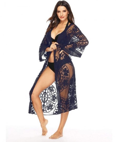 Cover-Ups Women's Casual Lace Flowy Kimono Long Cardigan Beach Bikini Cover Ups - Hs9311 Navy - CS197ZON52O