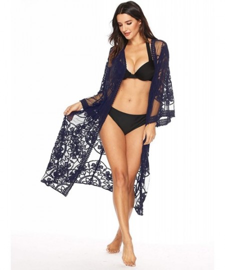 Cover-Ups Women's Casual Lace Flowy Kimono Long Cardigan Beach Bikini Cover Ups - Hs9311 Navy - CS197ZON52O