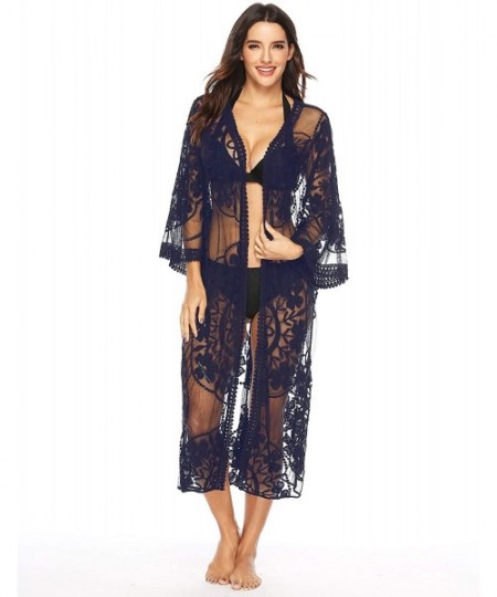 Cover-Ups Women's Casual Lace Flowy Kimono Long Cardigan Beach Bikini Cover Ups - Hs9311 Navy - CS197ZON52O