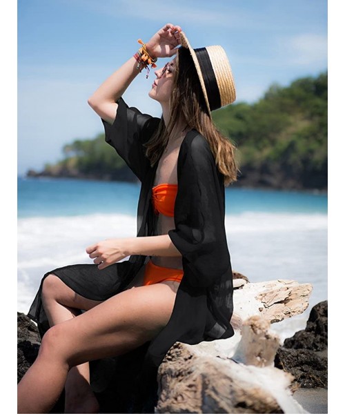 Cover-Ups Women Chiffon Beach Dress Kimono Cardigan Swimsuit Cover Up Beachwear Dress - Black - C512NYVRXN8