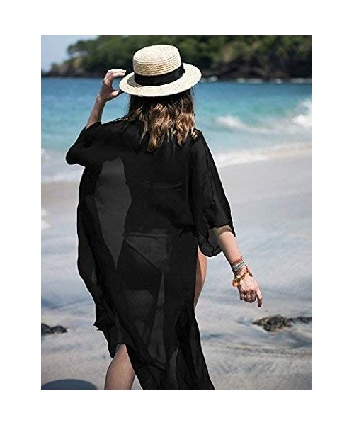 Cover-Ups Women Chiffon Beach Dress Kimono Cardigan Swimsuit Cover Up Beachwear Dress - Black - C512NYVRXN8