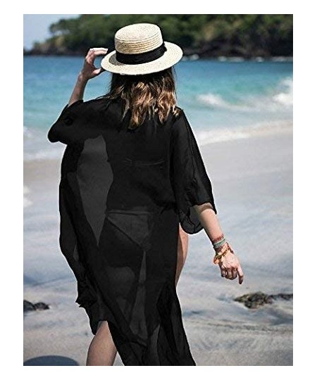 Cover-Ups Women Chiffon Beach Dress Kimono Cardigan Swimsuit Cover Up Beachwear Dress - Black - C512NYVRXN8