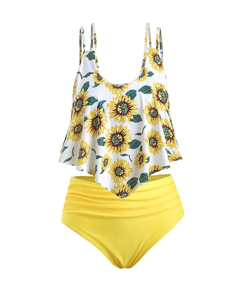 Tankinis Swimsuit for Women High Waisted Swimsuits Tummy Control Two Piece Tankini Sunflower Top with Swim Bottom Bathing Sui...