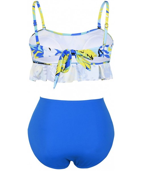 Bottoms Women's Two Piece Bikini Retro Flounce Halter High Waisted Swim Bottom - Blue Floral - CQ18E48ZR02