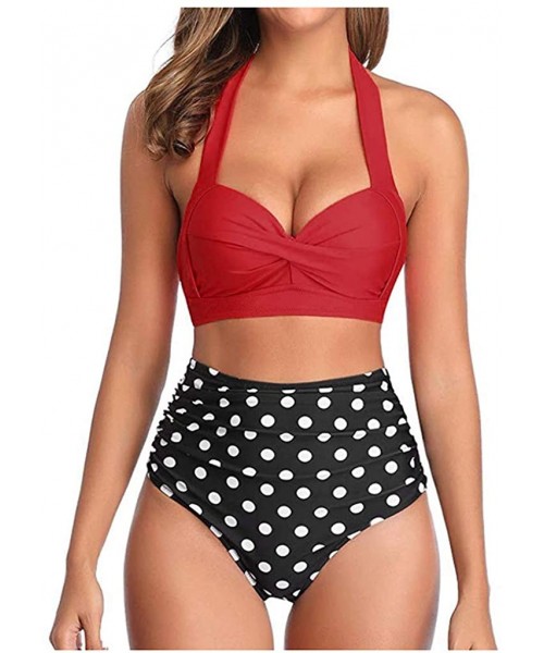 Tops Women High Waist Bikini Push Up Bikinis Print Swimsuit Female Beachwear Swimwear - S-red Top Dot - C01962GZHQ2