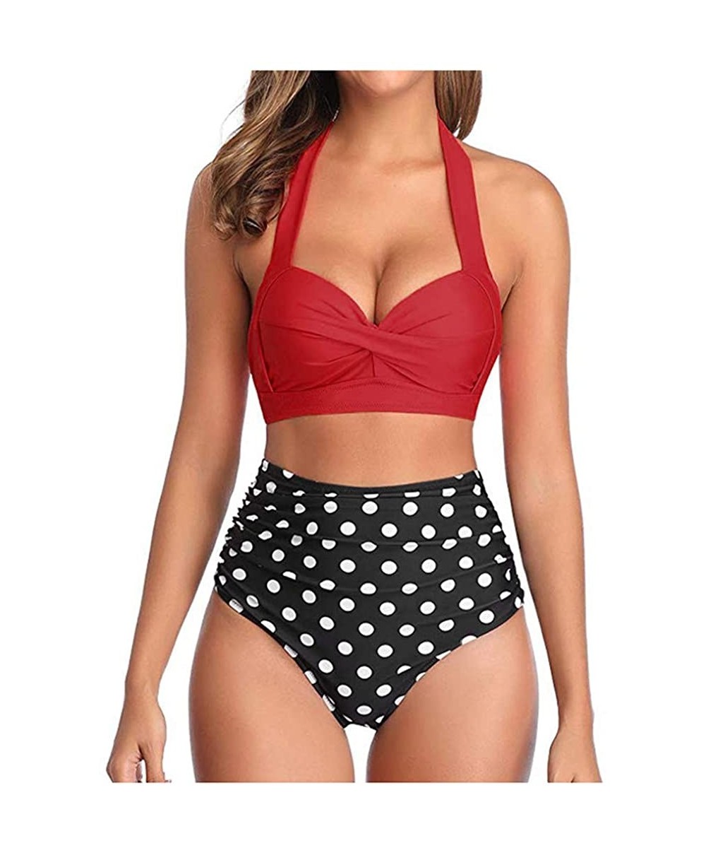 Tops Women High Waist Bikini Push Up Bikinis Print Swimsuit Female Beachwear Swimwear - S-red Top Dot - C01962GZHQ2