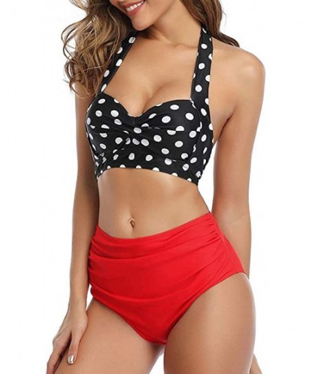 Tops Women High Waist Bikini Push Up Bikinis Print Swimsuit Female Beachwear Swimwear - S-red Top Dot - C01962GZHQ2