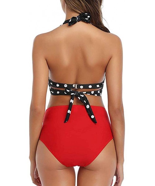 Tops Women High Waist Bikini Push Up Bikinis Print Swimsuit Female Beachwear Swimwear - S-red Top Dot - C01962GZHQ2